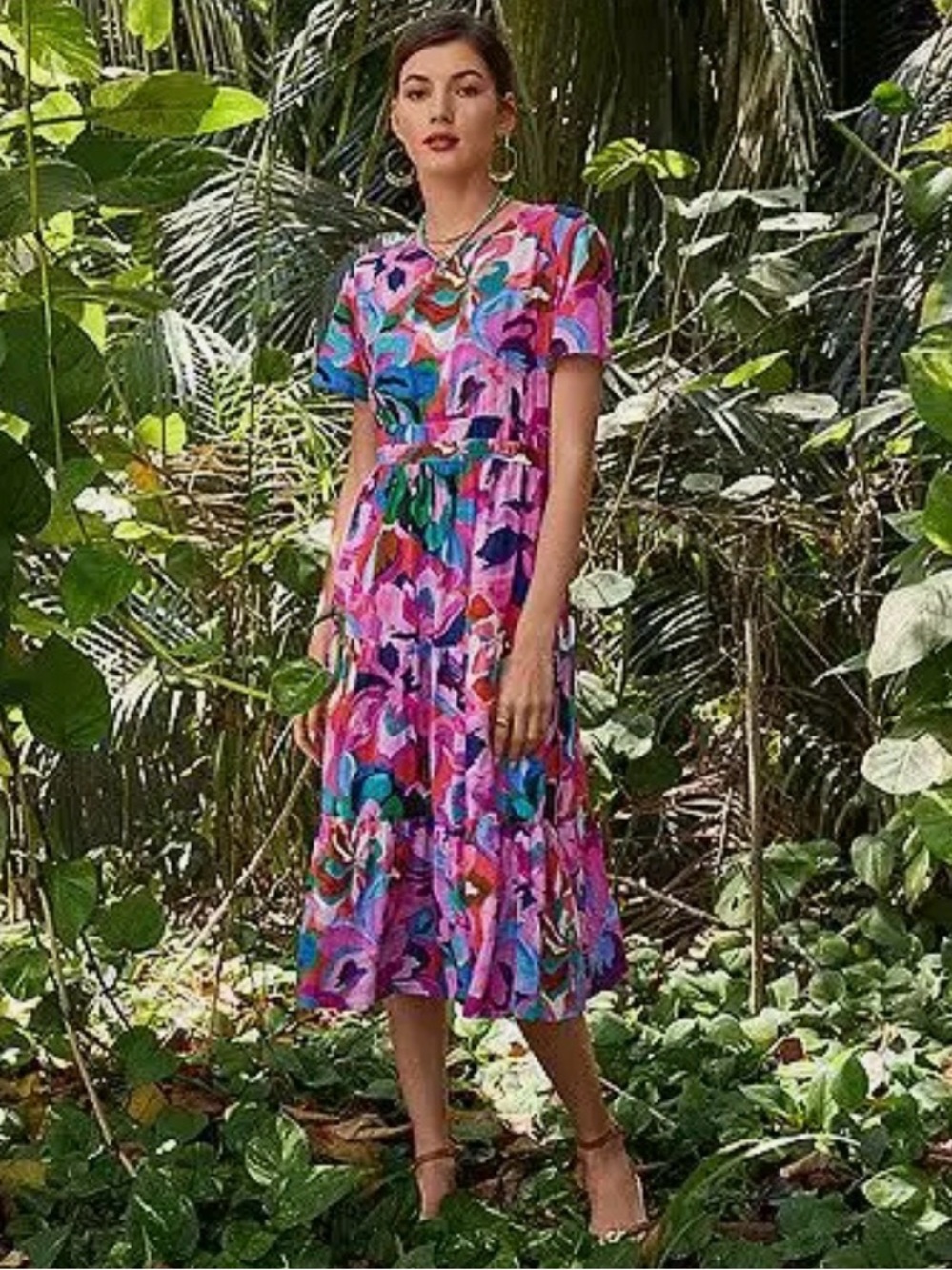 NWOT Johnny Was “Ambre” Smocked Tiered Floral Pink Multicolor Midi Dress Size S - Picture 12 of 12